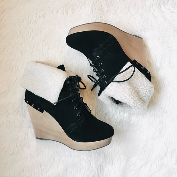 nwt y2k naughty monkey lace up sherpa wedge black suede ankle booties - Picture 4 of 8